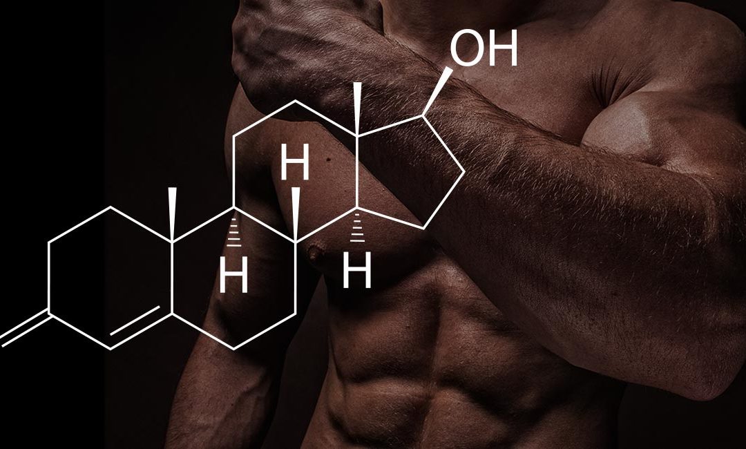 Picture of fit man with chemical structure of testosterone overlaid on top