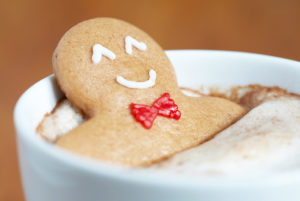 the gingerbread man taking a warm hot chocolate bath