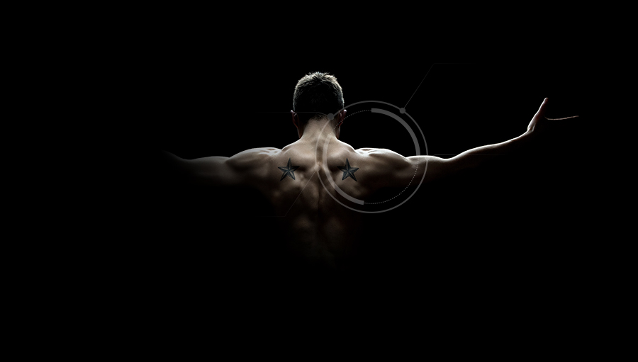 Photo of bodybuilder with target emphasizing his shoulder.